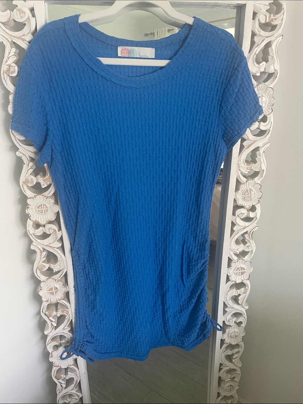 Free People Beach Blue Textured Short Sleeve Mini Dress with bead detail